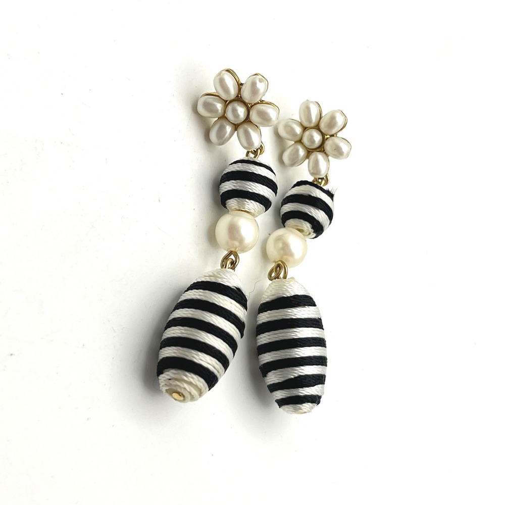 Black and White Striped Thread Wrapped Faux Pearl Flower Drop Earrings